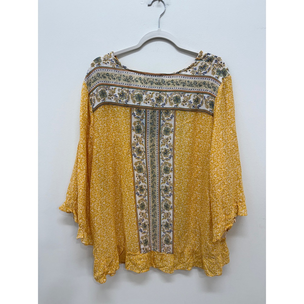 Cynthia Rowley Blouse 2X Yellow Floral Boho Ruffle Bell Sleeve V-Neck Top - Picture 5 of 8